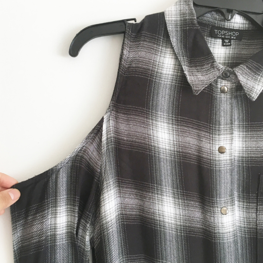 Topshop Check Cold Shoulder Shirt - Picture 5 of 8